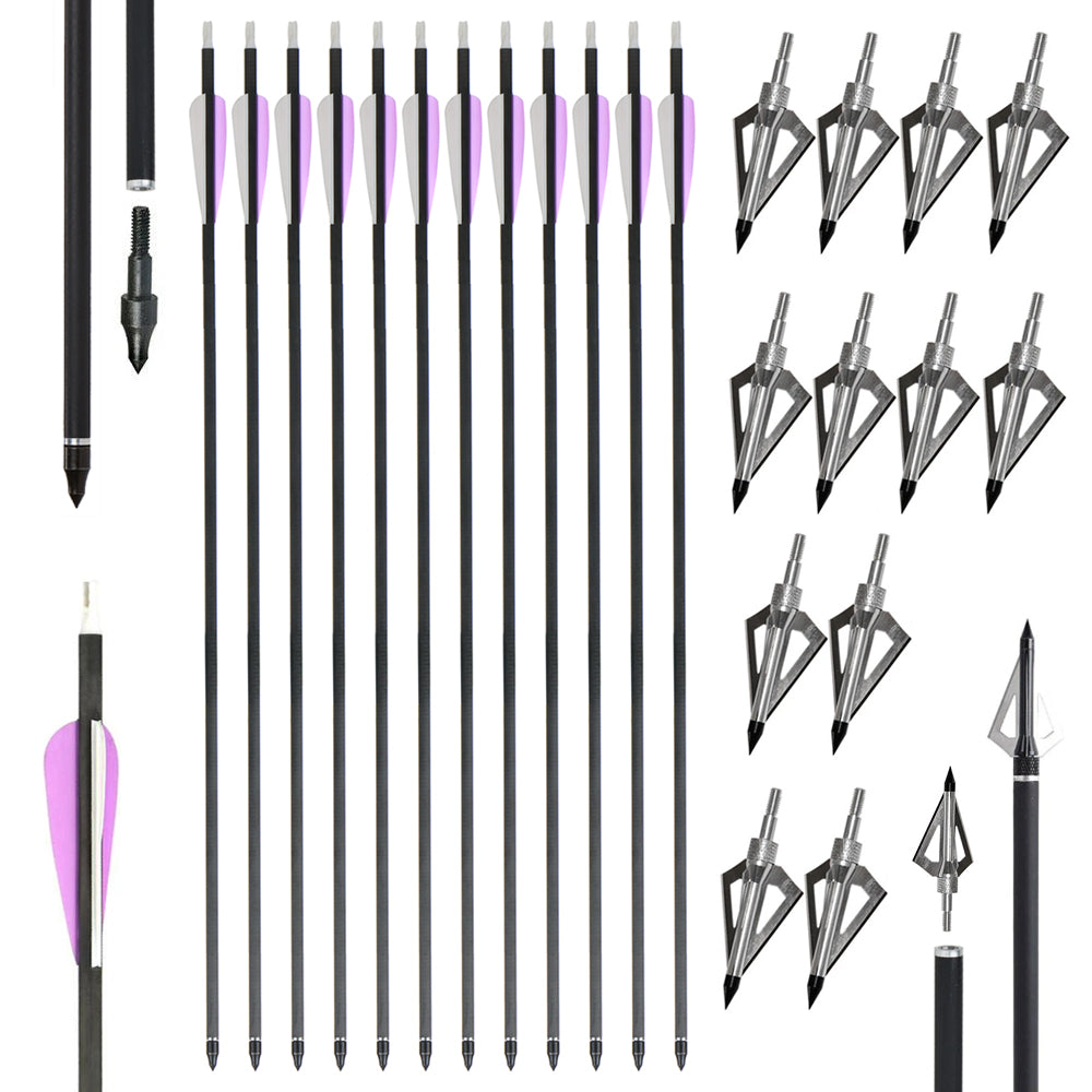 12x 31" Mixed Carbon Arrows and 12x 125-grain Screw-in Silver Broadheads