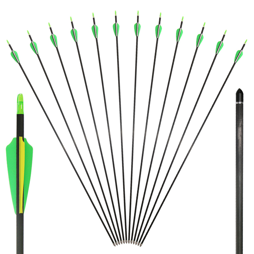 12x 32" OD 7.5mm ID 6.2mm Spine 400 Green Fletched Pure Carbon Archery Arrows Replaceable Tips