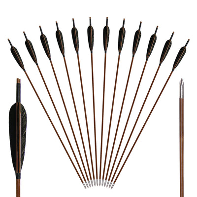 12x 33" 8mm Parabolic Black Feather Fletched Bamboo Archery Arrows with Field Points