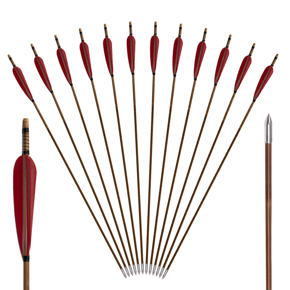 12x 31.5" Parabolic Red Feather Fletched Bamboo Archery Arrows with Field Points