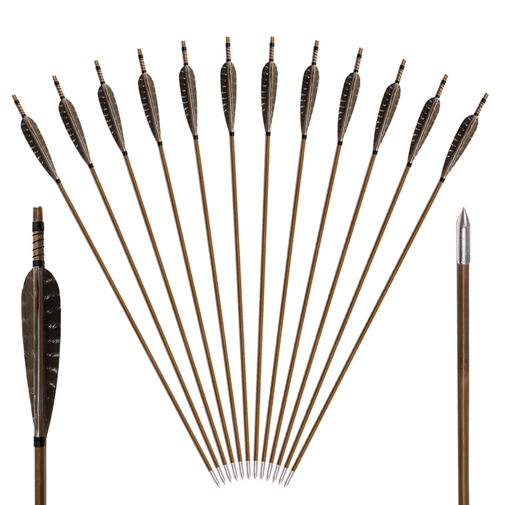 12x 33" Parabolic Natural Barred Feather Fletched Bamboo Archery Arrows with Field Points