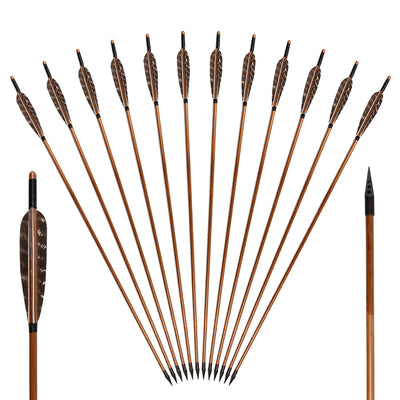 12x 31" Parabolic Natural Barred Feather Fletched Bamboo Archery Arrows with Tapered Broadheads