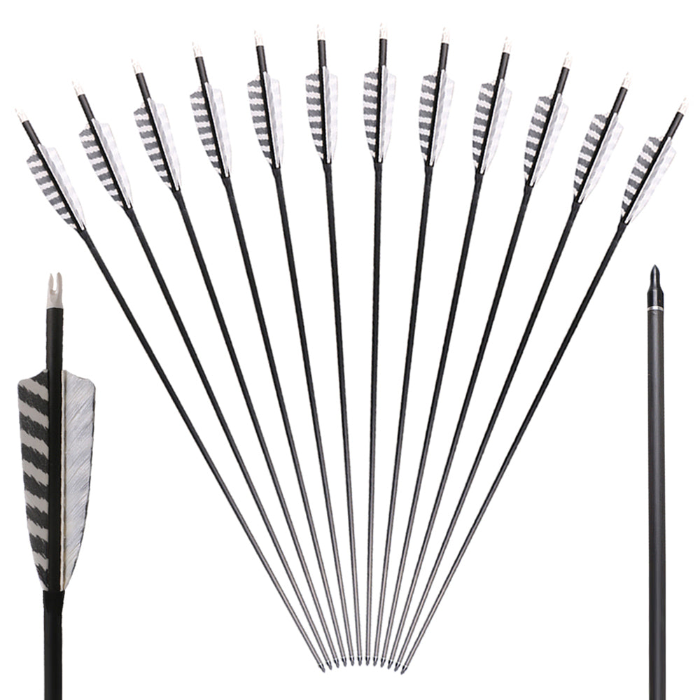 12x 33" OD 7.5mm ID 6.2mm Spine 400 White Barred Turkey Feather Fletched Pure Carbon Archery Arrows