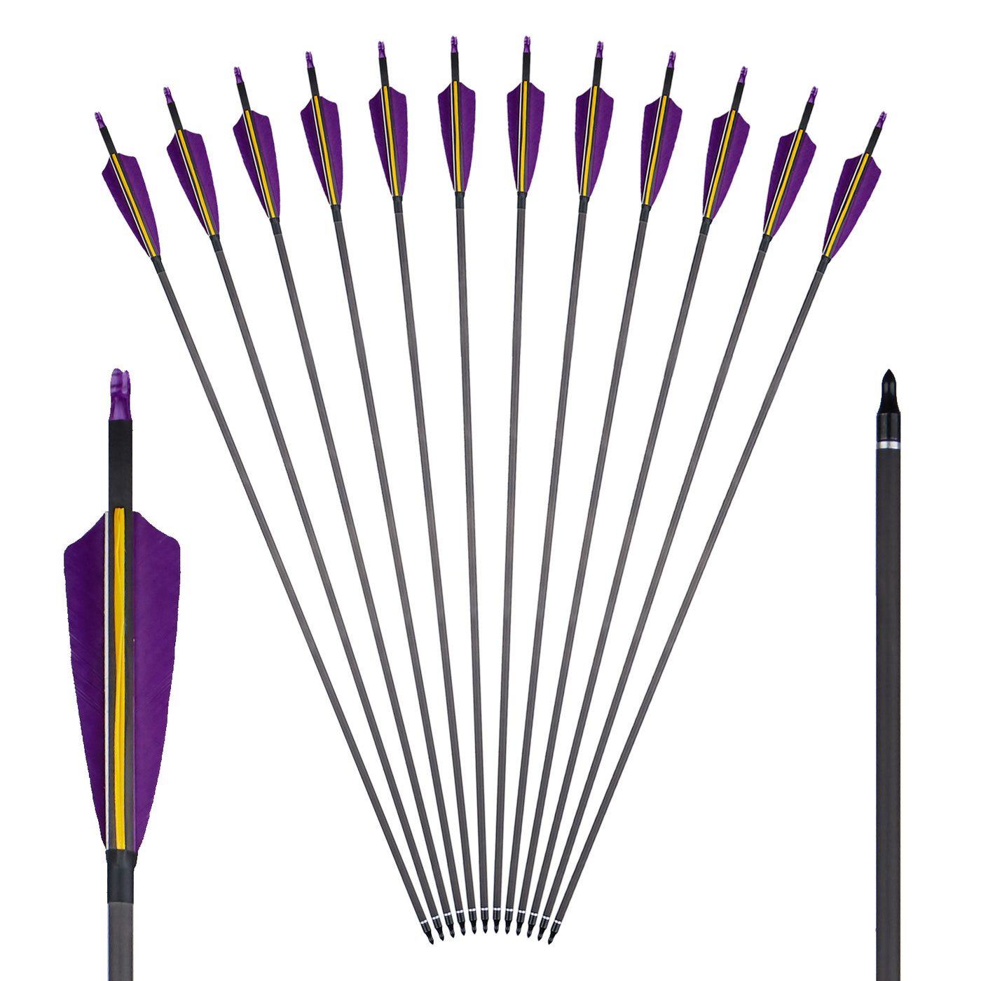 12x 32" OD 7.5mm ID 6.2mm Straightness 0.003 Spine 400 4" Shield Turkey Field Feather Pure Carbon Archery Arrows