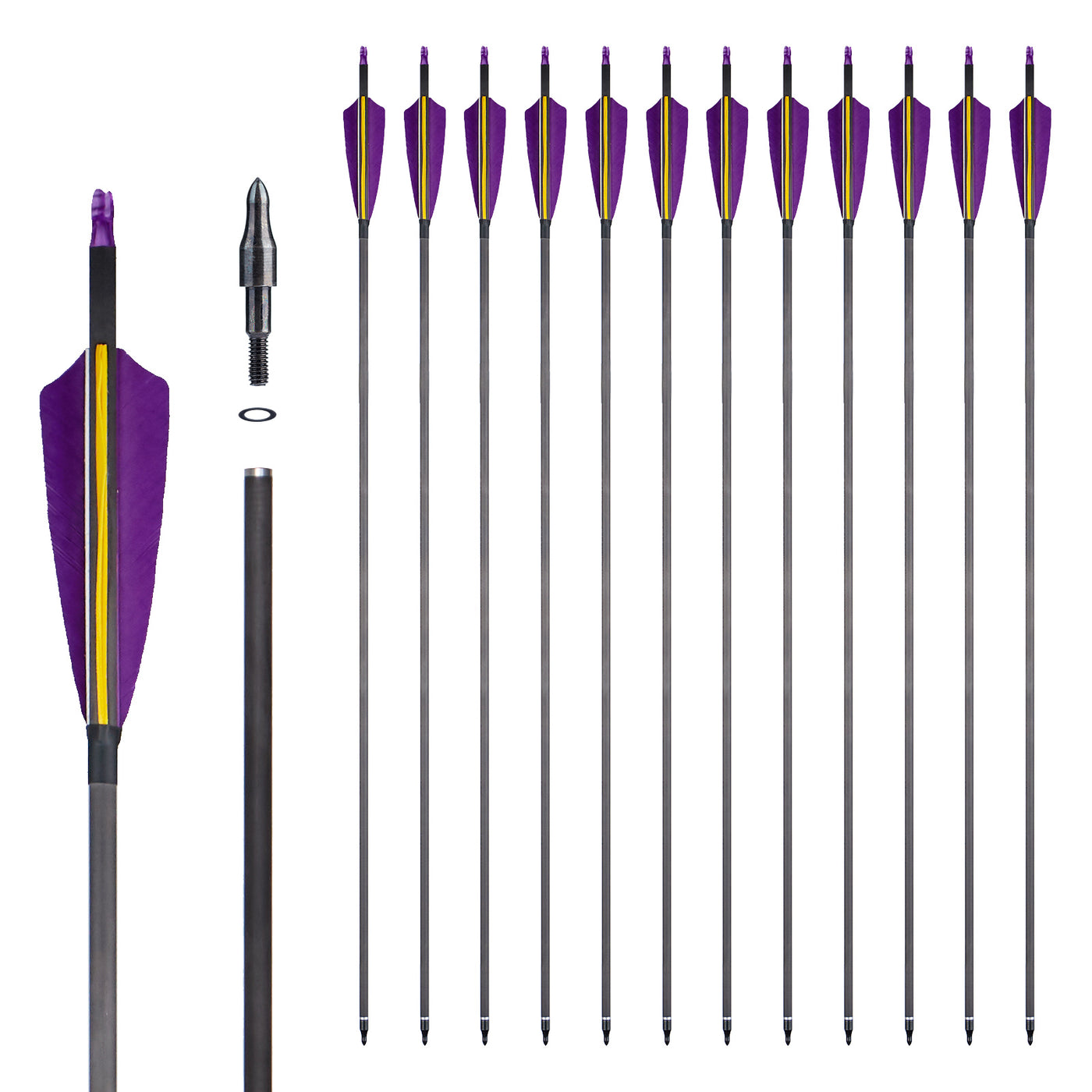 12x 32" OD 7.5mm ID 6.2mm Straightness 0.003 Spine 400 4" Shield Turkey Field Feather Pure Carbon Archery Arrows