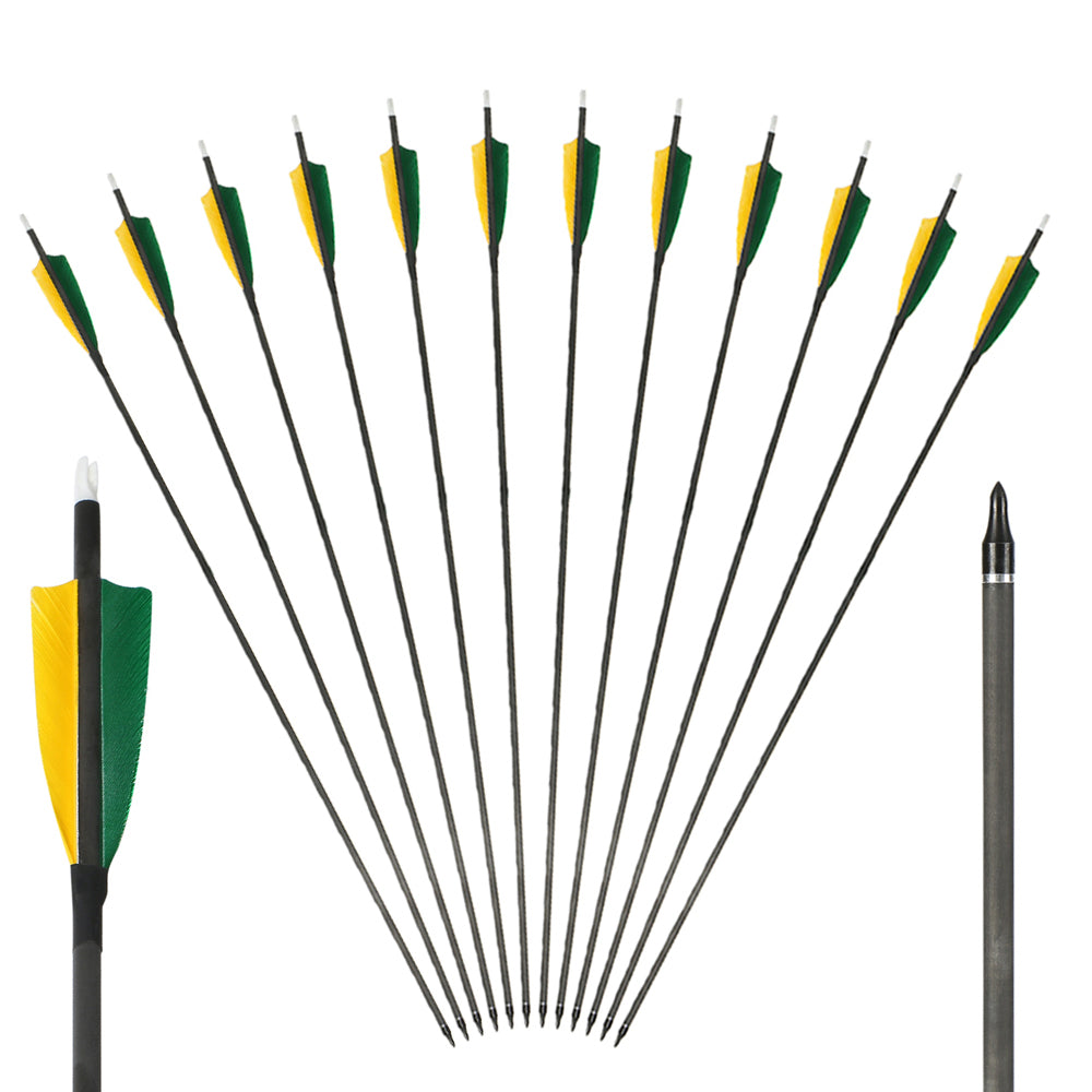 12x 32" OD 7.5mm ID 6.2mm Spine 400 Green Yellow Turkey Feather Mixed Carbon Archery Arrows