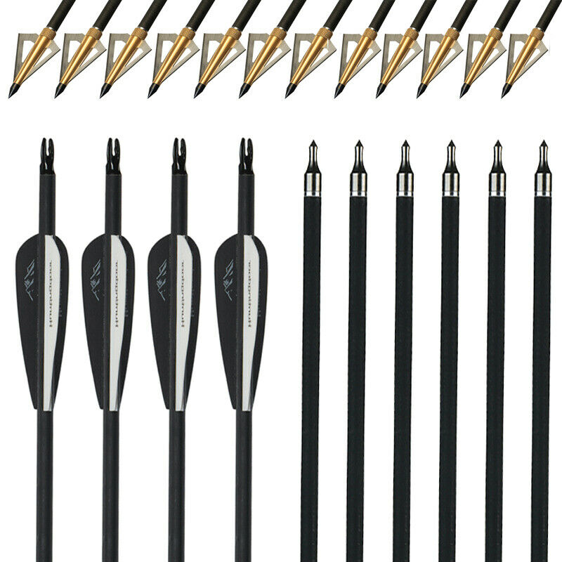 12pcs 31" Hunting Carbon Arrows 12pcs 125gr Hunting Broadheads Outdoor Archery