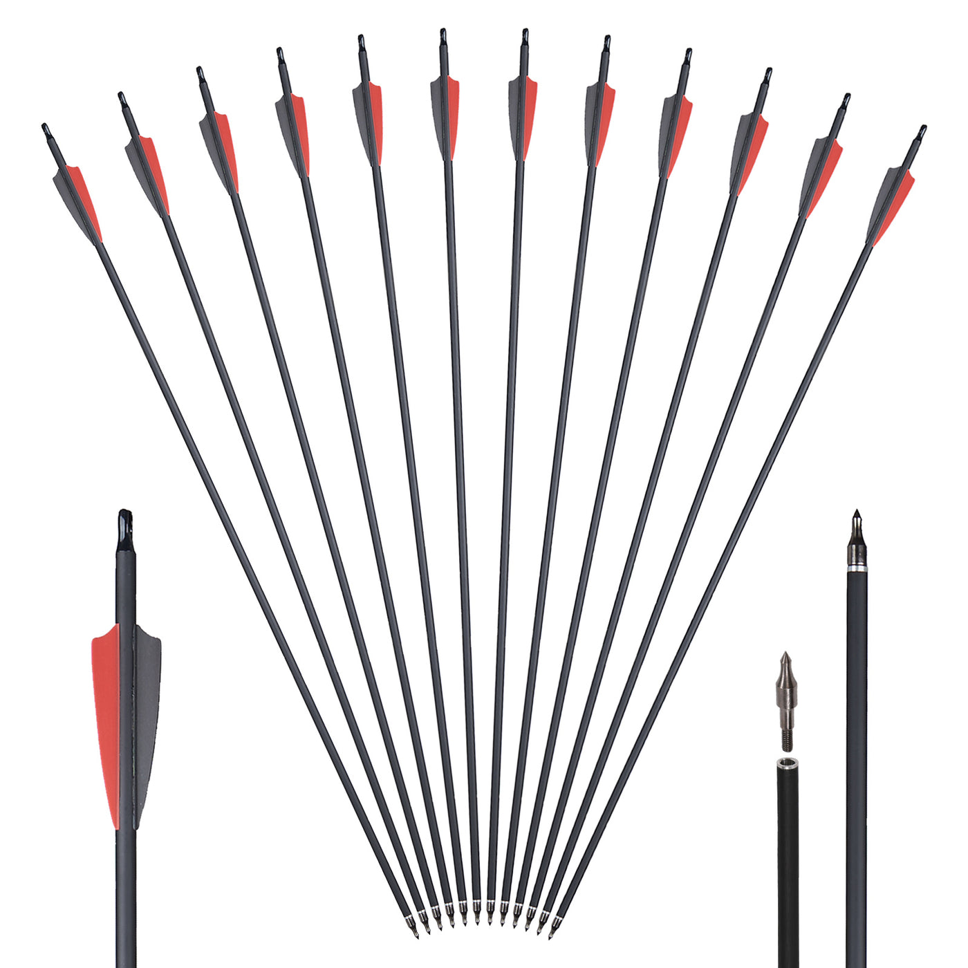 12x 31.5" OD 7.8mm ID 6.2mm Spine 500 3" Shield Plastic Vane Fletched Mixed Carbon Archery Arrows Red-Black Vane