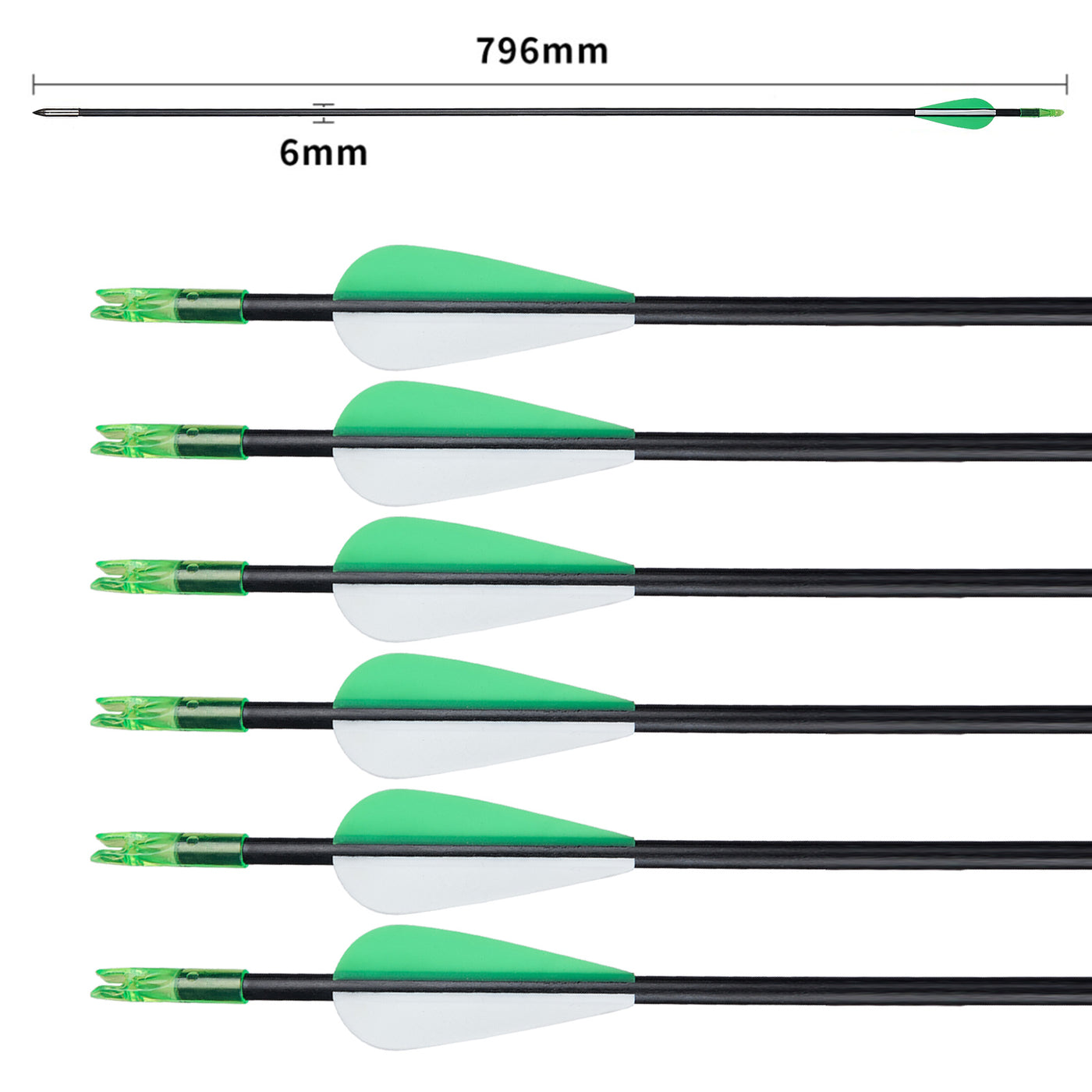 12x 31" Skinny Slim OD 6mm Spine 800 Black Green Fiberglass Archery Arrows for Recurve Bow Fixed Tips Over Nocks