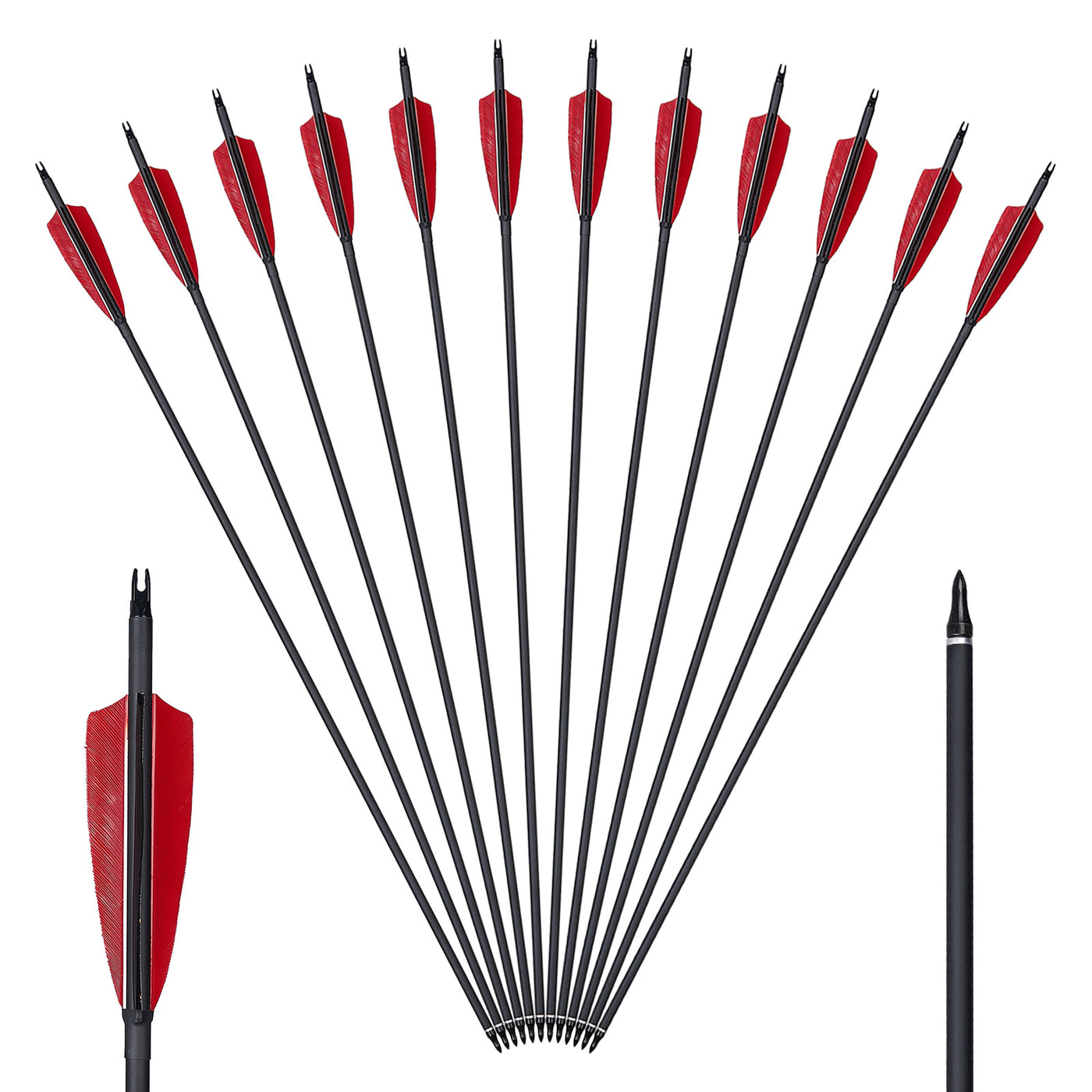 12x 31.5" OD 7.8mm ID 6.2mm Spine 500 Fletched Mixed Carbon Archery Arrows Red Black Feathers