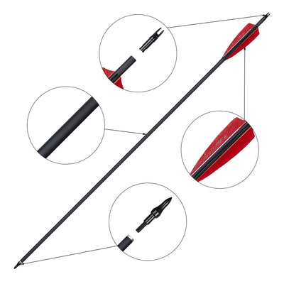 12x 31.5" OD 7.8mm ID 6.2mm Spine 500 Fletched Mixed Carbon Archery Arrows Red Black Feathers