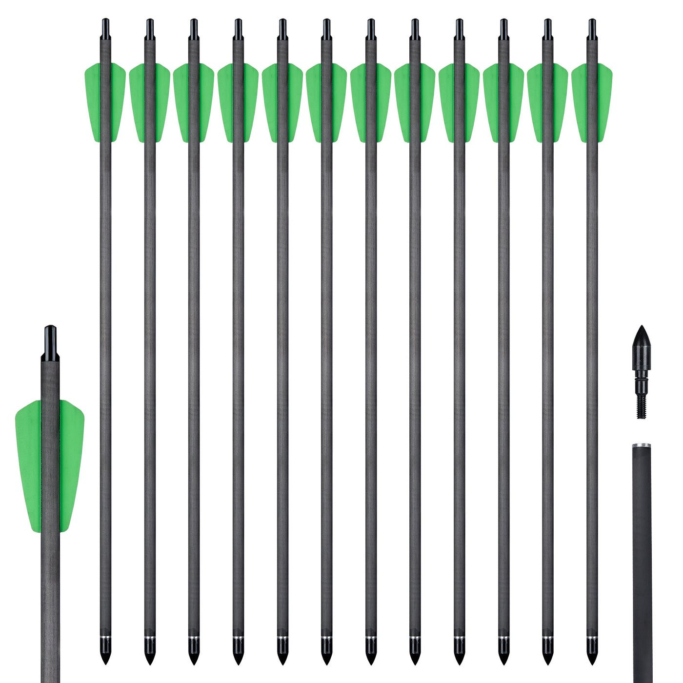 12x 15" OD 7.5mm ID 6.2mm Pure Carbon Crossbow Bolts Arrows 2" Shield Green/Orange Vanes