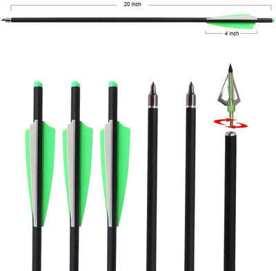 12x 20 22 Inch Archery Carbon Crossbow Bolts Arrows and 12x Broadheads Set 4" Vane Replaced Arrowhead for Hunting Outdoor Practice