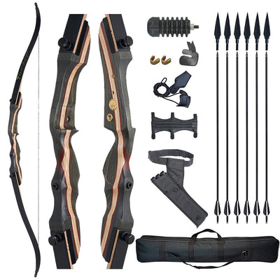 62" 20-50lb Archery Goblin Wooden Riser Recurve Bow 6x Carbon Arrow Bow Bag Set for Hunting & Target