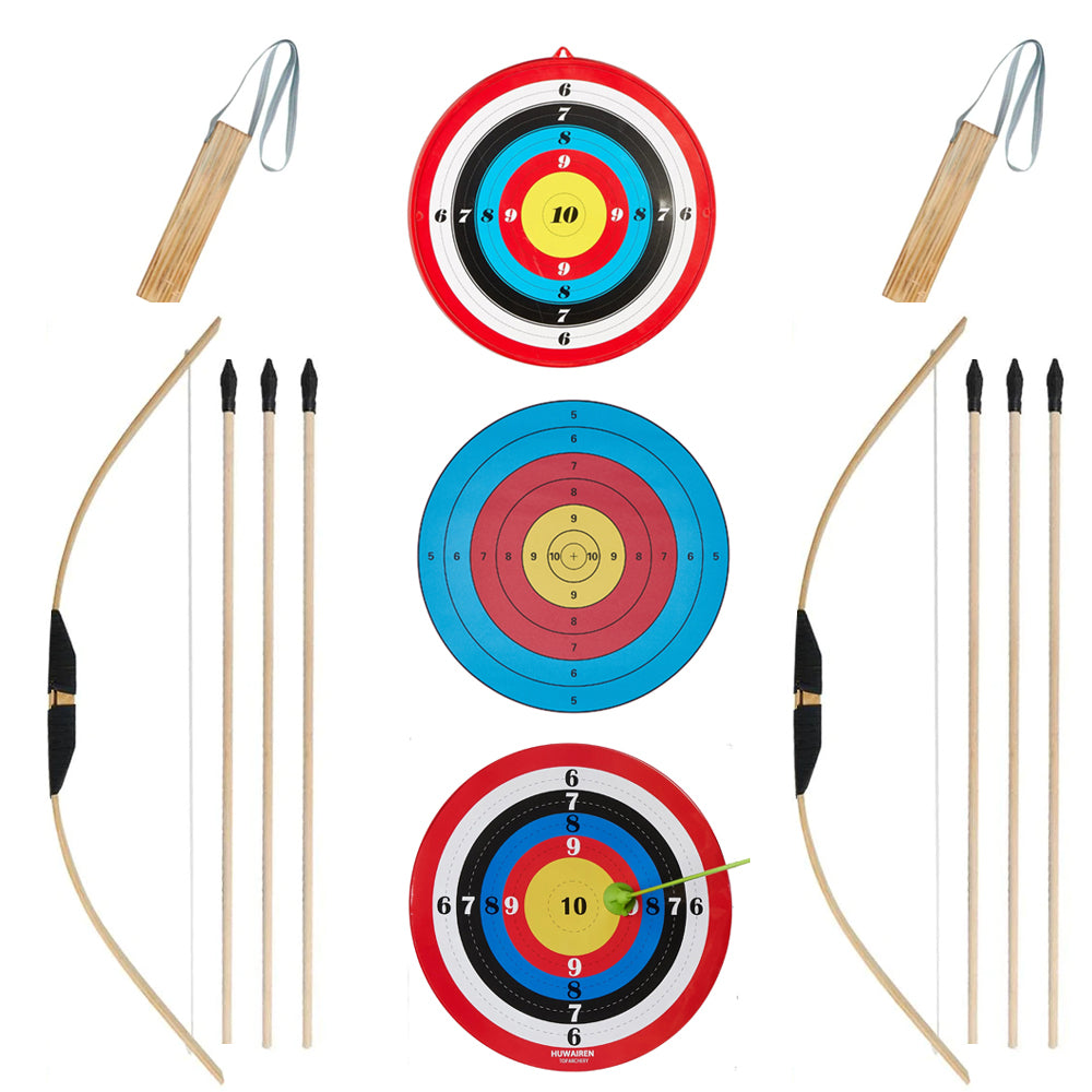2x 27" Kids Bamboo Bows 6x Wood Arrows Plastic Target 10x Target Papers Adhesive