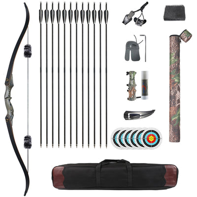 60" Archery 25-50lbs Takedown Recurve Bow Carbon Arrows Kit Wood Riser Left/Right Handed Hunt Shooting Sport Recreational Hiking