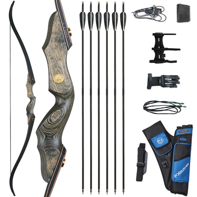 60" Wood Laminated Takedown Recurve Archery Bow 6x Carbon Arrows Quiver 30-50lbs Hunting Target Practice Survival Left Right Hand