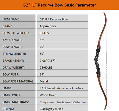 62" TopArchery ILF Bow 6x Carbon Arrows Bow Bag Quiver Laminated Takedown Recurve Archery Bow Wood Grain Limbs 19" Riser for Hunting Target 25-60lbs
