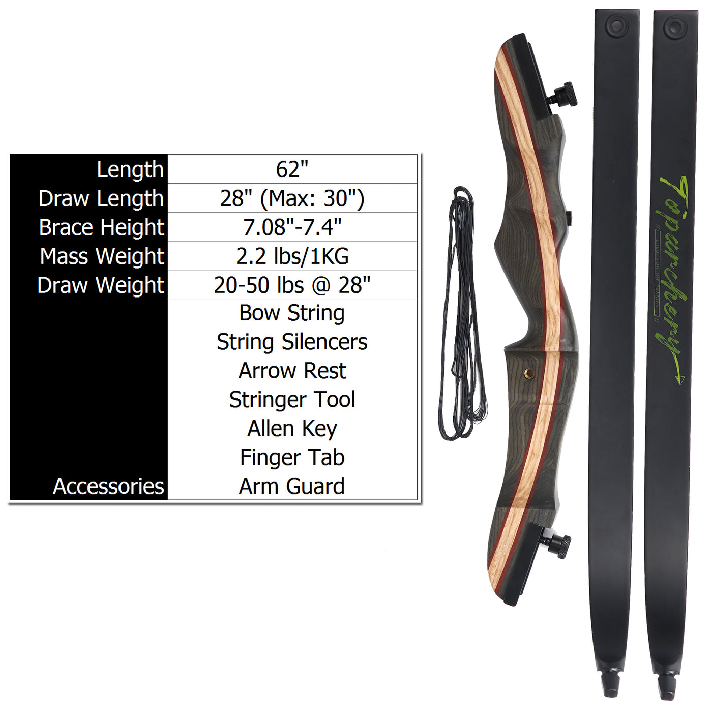 Goblin 62" TopArchery Takedown Recurve Bow Archery for Hunting Targeting Shooting Adults & Youth Wood Riser Laminated 20-50lbs