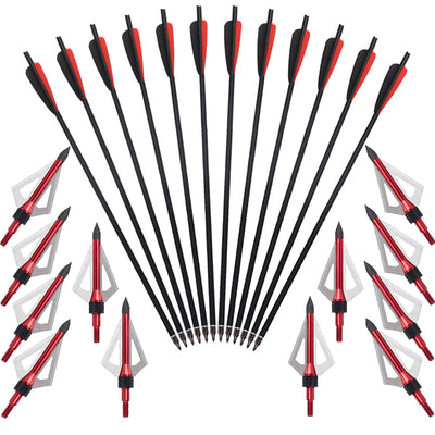 12x 22" Carbon Crossbow Archery Arrows With 12x 100-grain Broadheads Arrowheads OD 8.8mm ID 7.6mm