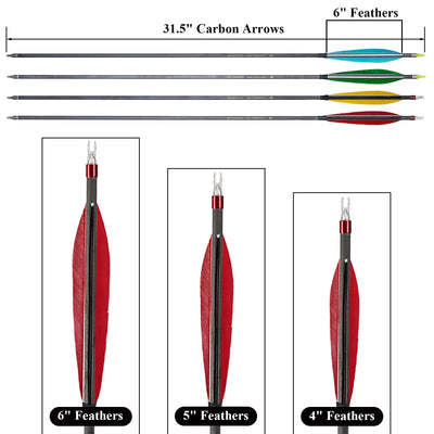 6x 31.5" 6-inch Turkey Feathered Carbon Archery Arrows Spine 350 ID 6.2mm Red/Yellow/Green/Blue Feathers