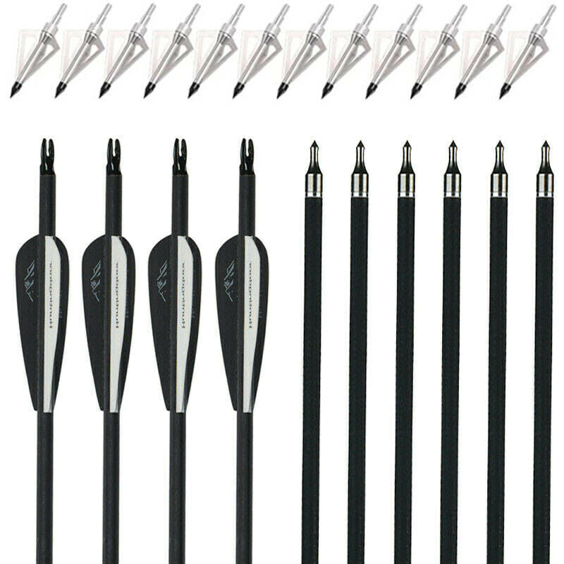12pcs 31" Hunting Carbon Arrows 12pcs 125gr Hunting Broadheads Outdoor Archery