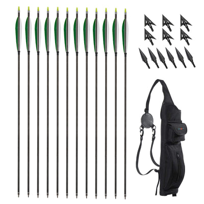 31.5" Spine 350 6" Turkey Feathered Carbon Arrows 12x Broadheads Quiver