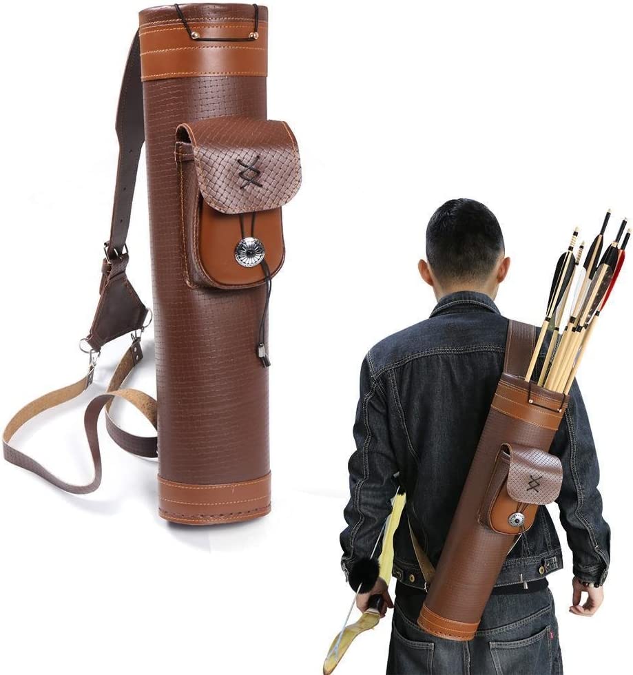 TopArchery Traditional Shoulder Back Quiver Bow Leather Arrow Holder with Large Pouch Handmade Straps Belt Bag Brown