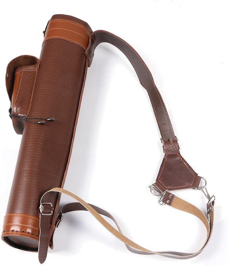 TopArchery Traditional Shoulder Back Quiver Bow Leather Arrow Holder with Large Pouch Handmade Straps Belt Bag Brown