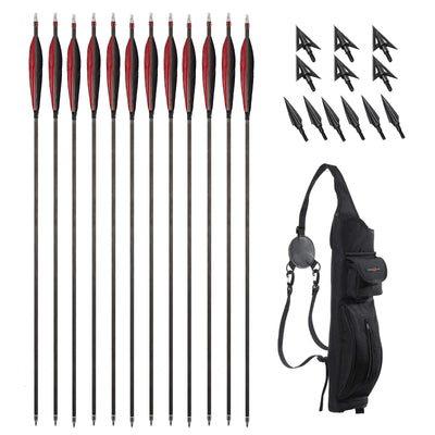 31.5" Spine 350 6" Turkey Feathered Carbon Arrows 12x Broadheads Quiver