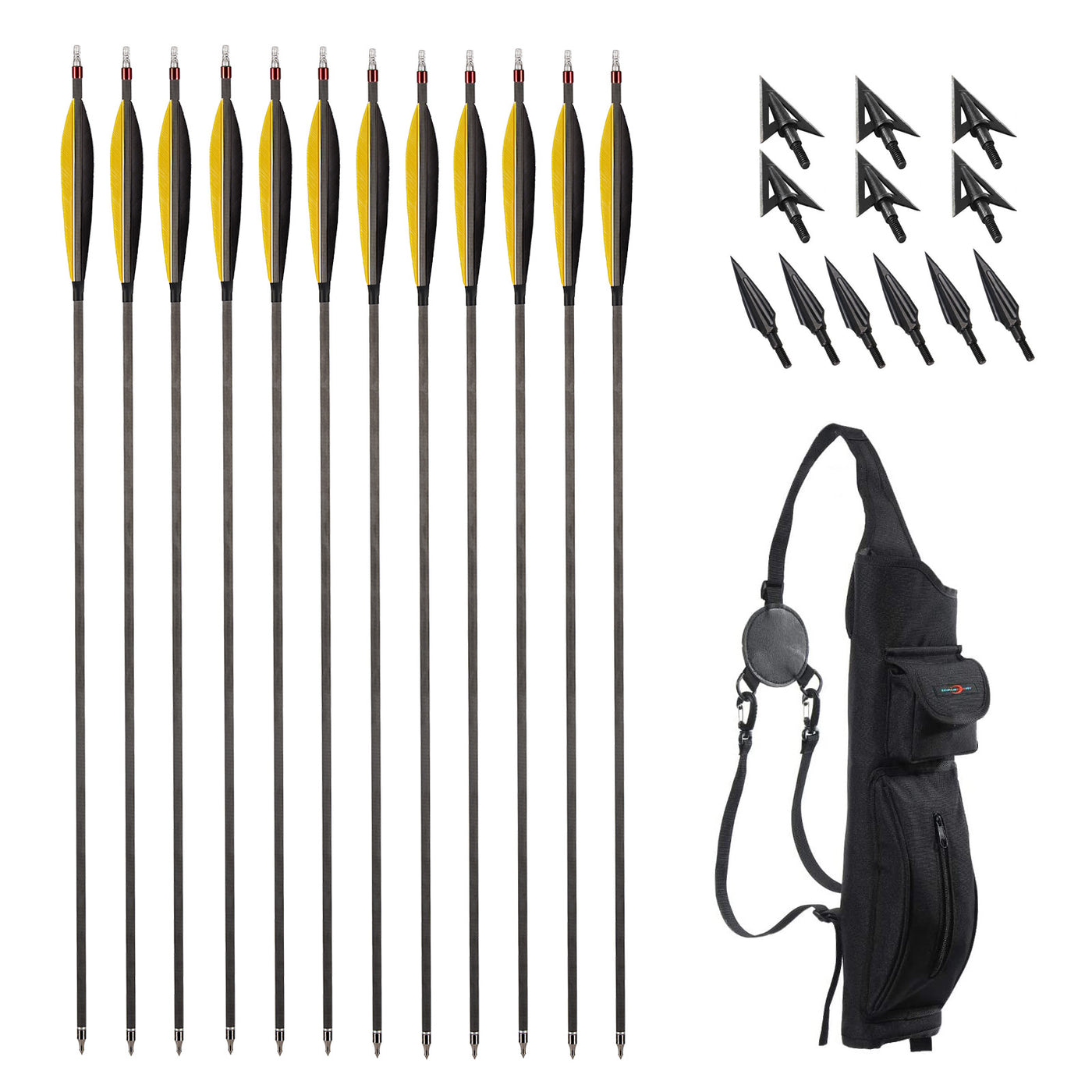 31.5" Spine 350 6" Turkey Feathered Carbon Arrows 12x Broadheads Quiver